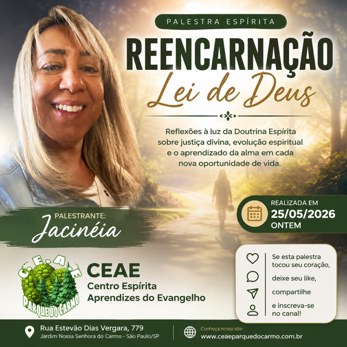 REENCARNAÇÃO – LEI DE DEUS | Palestra Espírita com Jacinéia | CEAE Parque do Carmo